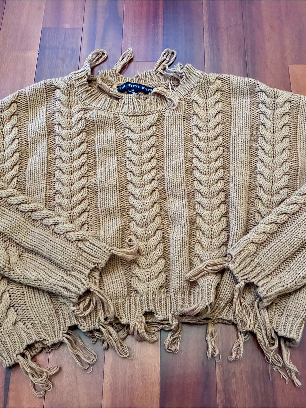 Camel Fringe Chunky Cable Knit Cropped Oversized Sweater size Medium